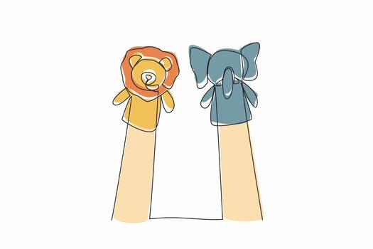 Continuous one line drawing 2 hands with elephant and lion hand puppets in the hands. The story of their friendship. Suitable. National Day of Puppetry. Single line draw design illustration vector