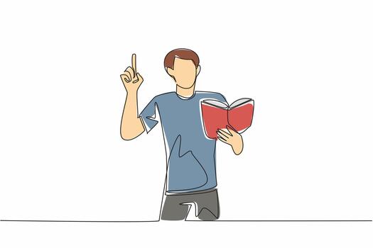 Single one line drawing a man standing reading a book or poem in an attractive pose. Practice before the performance. Gesture. Great Poetry Reading Day. Continuous line design graphic illustration vector