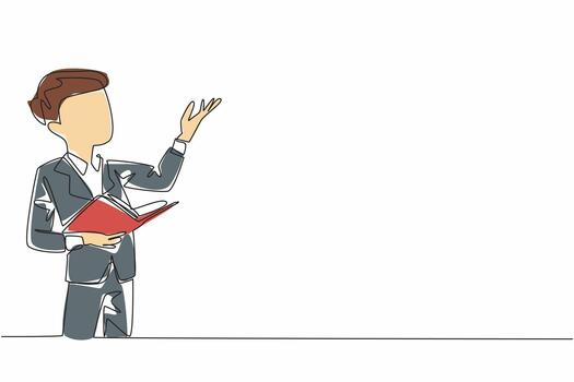 Single one line drawing a boy reading a book or poem with an attractive pose. Styled like a great poet. Entertaining the audience. Great Poetry Reading Day. Continuous line design graphic illustration vector