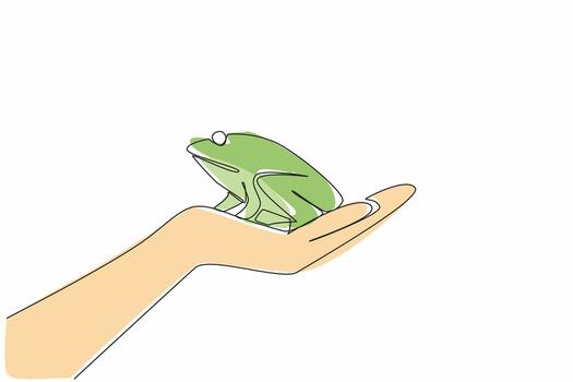 Single continuous line drawing frog on open palm. Released into their natural habitat to live in the wild. Balance of nature. Environmental. Save The Frogs Day. One line design illustration vector