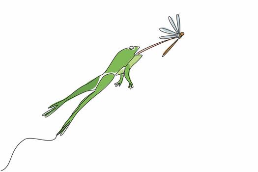 Continuous one line drawing frog jumping with tongue sticking out to prey on dragonfly. Natural response. Hungry. Attempt to get food. Save The Frogs Day. Single line draw design illustration vector