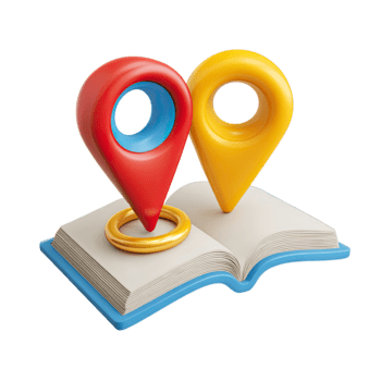 Two 3D map pin icons atop an open book symbolizing location discovery and guidance isolated on transparent background png