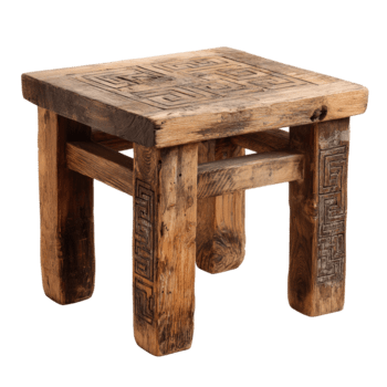 vecchio rustico di legno sgabello con piazza superiore e intricato lavorato modelli isolato su trasparente sfondo png