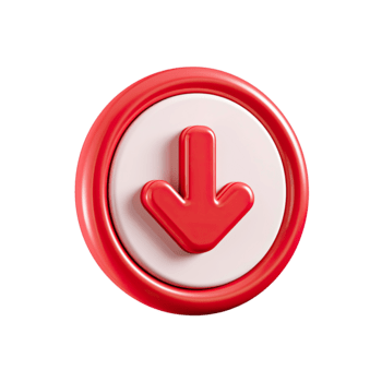Glossy red 3D arrow pointing down in a circular button for digital content isolated on transparent background png
