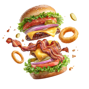 Exploding double cheeseburger with bacon cheese lettuce tomato and onion rings isolated on transparent background png