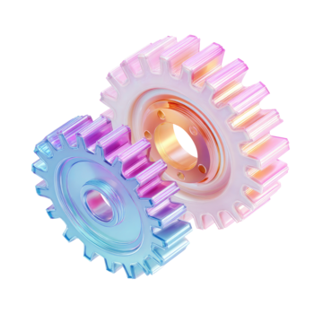 dos enclavamiento iridiscente engranajes representando colaboración y mecánico proceso aislado en transparente antecedentes png