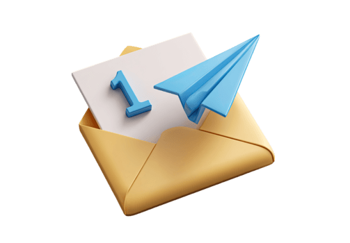 3D open envelope with new message notification paper and blue paper airplane isolated on transparent background png