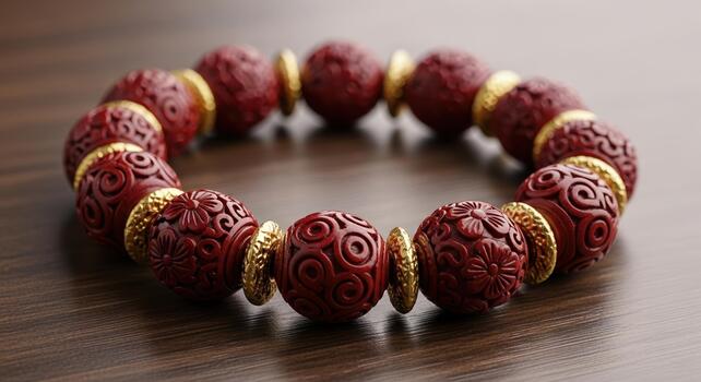 A detailed close-up view of an elegant red and gold bracelet, featuring round, textured beads intricately carved with floral patterns on a dark wooden background photo