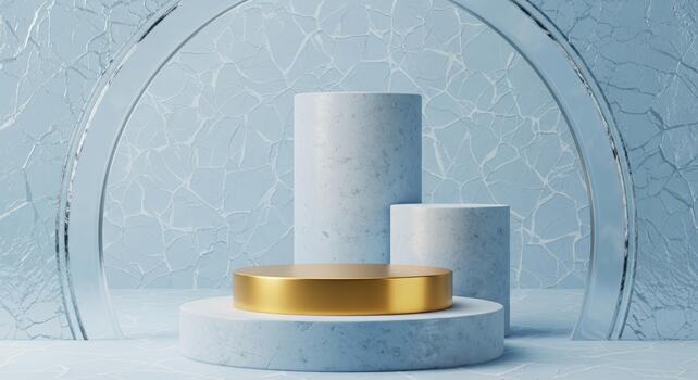 Elegant 3D render of a geometric product display featuring gold and blue marble cylinder pedestals on a cracked ice textured background photo
