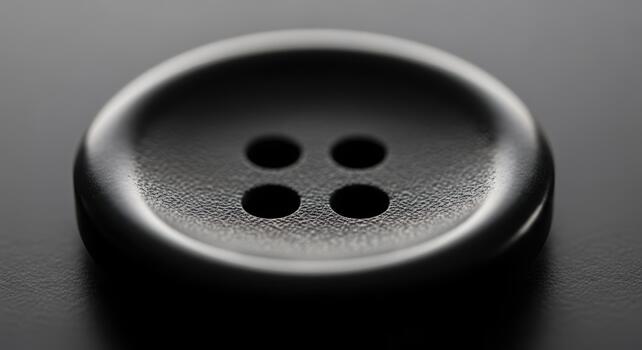 Close-up macro shot of a single black four-hole button, highlighting its textured surface and subtle reflections, creating a minimalist and elegant visual statement with dramatic lighting photo