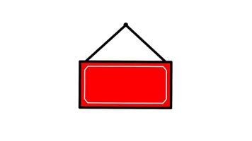 A simple red hanging sign board illustration in a motion graphic style, featuring a rectangular board with bold outlines and a top string for hanging video