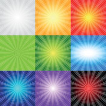 The Sun and Rays pattern collection. A set of sunny abstract backgrounds. Bright, explosive backgrounds in yellow, red, orange, green vector