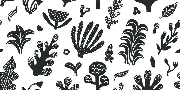 Seamless jungle tropical abstract pattern with palm tree, leaves. Summer texture illustration. White background, black and white, monochrome texture, simple doodle style. vector