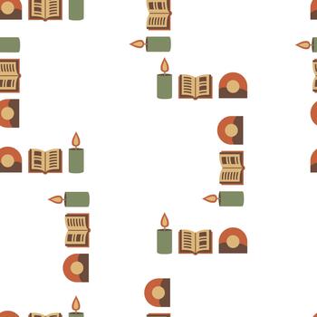 A simple, scattered seamless pattern featuring a minimal arrangement of books and candles in earthy, rustic autumn colors. vector
