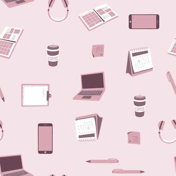 un femenino y suave sin costura modelo presentando amable ilustraciones de calendarios, auriculares, y cuadernos en un polvoriento rosado antecedentes. vector