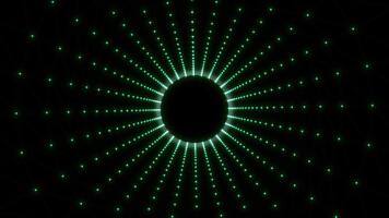 raggiante verde digitale raggi formatura un' circolare tunnel. fantascienza geometrico modello con radiante puntini in espansione nel prospettiva, simboleggiante tecnologia, dati fluire, e virtuale energia movimento video