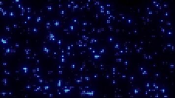 azul brilhando pixel partículas tremeluzente dentro Sombrio espaço. abstrato digital fundo com cintilante rede luzes criando futurista dados fluxo e ficção científica tecnologia atmosfera video