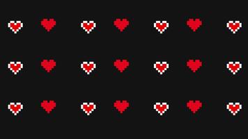 retro pixel hjärtan mönster med röd och vit 8-bitars symboler på svart bakgrund. animerad digital design frammanande klassisk spel estetik och nostalgisk kärlek tema för modern pixel konst projekt video