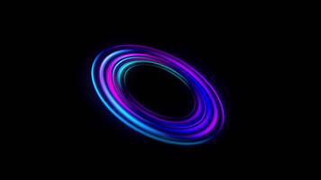 colorida néon argolas rodar dentro Sombrio espaço, desatado laço. brilhando circular movimento fundo com suave energia trilhas e futurista luz fluxo para ficção científica, movimento Projeto. desatado ciclo animação 4k video