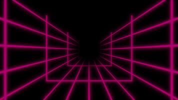retro neon rutnät tunnel med rader lysande. trogen perspektiv korridor, sci-fi rutnät eller trådmodell maska. perfekt bakgrund för cyber, sci-fi teman. sömlös slinga animering 4k video