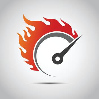 Fiery speed gauge icon indicating fast performance and high efficiency vector