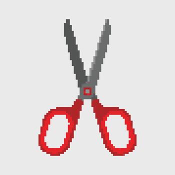 Pixel art open scissors icon with red handle for cutting and hair vector