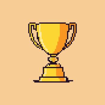 Golden trophy icon in retro pixel art style on a plain background vector