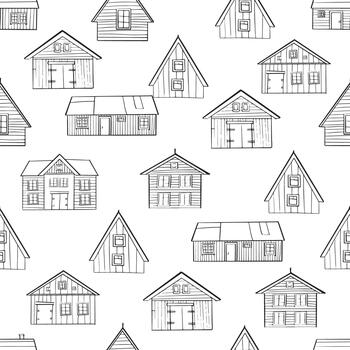 Seamless pattern village. A set of house icons showcasing different architectural styles and structures. Black and white doodle buildings. Outline monochrome vector