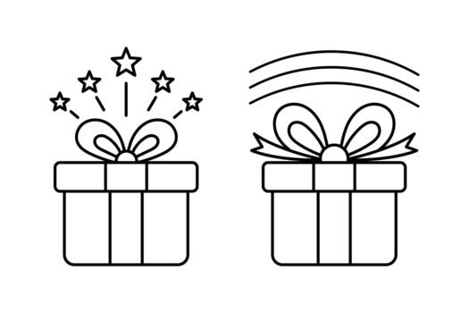 Outline icon set of two gift boxes with bows, one featuring sparkling stars above and the other showing curved lines suggesting magic or surprise vector