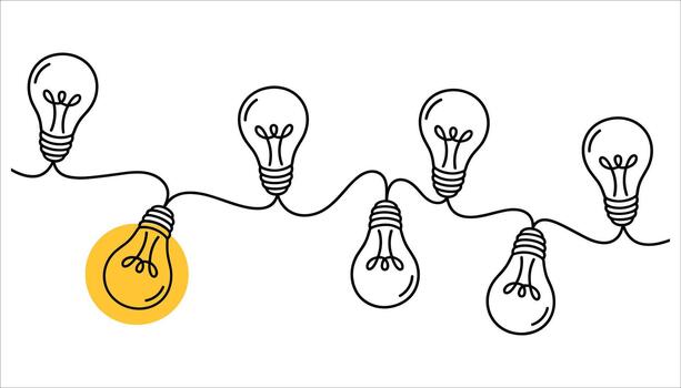 String of outline light bulbs one illuminated yellow circle string lights idea vector