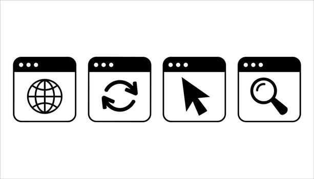 Four black and white icons representing internet browsing and search functions browser vector