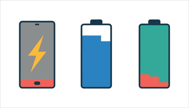 teléfono inteligente con relámpago tornillo y dos batería nivel indicadores poder energía vector