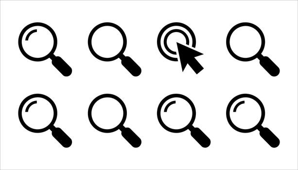 Collection of black magnifying glass and cursor icons on white background search icon click vector