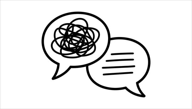 Two black outline speech bubbles one with scribbled lines and one with horizontal lines on white background vector