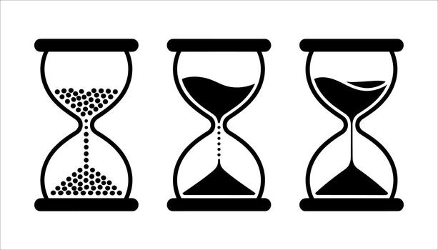 Three black hourglass icons showing different stages of time passing sand timer vector