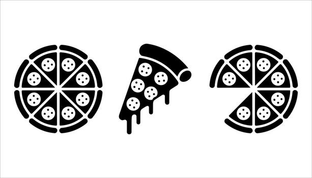 Black and white graphic icons of a whole pizza a slice of pizza and a pizza with one slice missing pizza icon vector