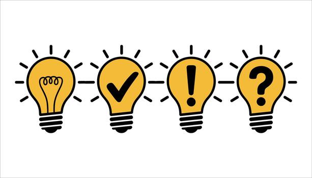 Four yellow light bulbs with different symbols on a white background idea check mark vector