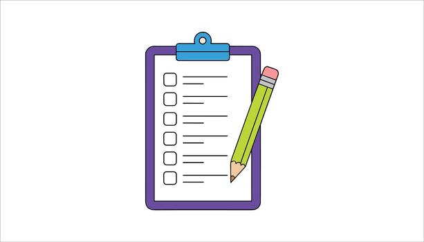Purple clipboard with blue clip and green pencil showing checklist with empty boxes and lines writing vector