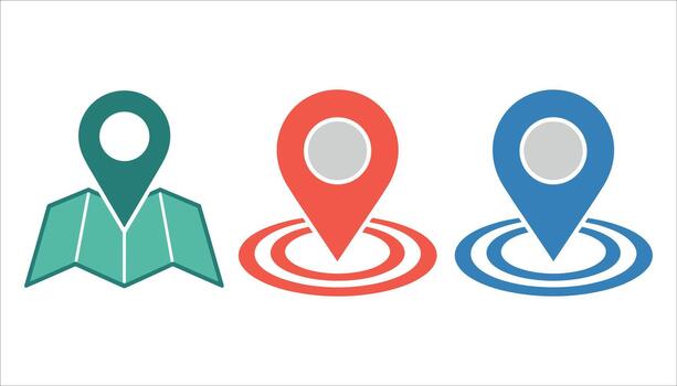 Three flat design map pin icons with concentric circles and a folded map location marker navigation vector