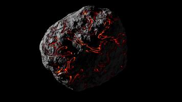 bucle 3d animación de un espacio extraterrestre asteroide rotación. ardiente rojo lava fluye a través de el destruido superficie de el asteroide. cíclico lento rotación de un objeto en espacio. alfa canal. video