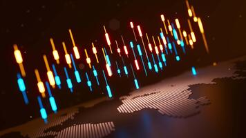 sömlös slinga 3d animering av orange och blå ljusstake barer svävande ovan en värld Karta, symboliserar global handel, forex marknader, fintech data, och finansiell analyser. video