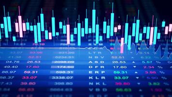 lusvormige 3d animatie van gloeiend kandelaar grafieken en markt gegevens. dynamisch financieel achtergrond ideaal voor voorraad handel, fintech, analyse, en investering thema's. video