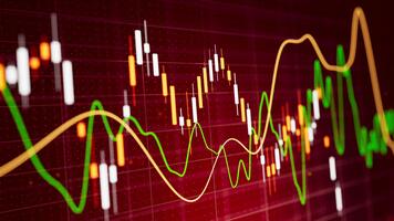 sömlös slinga 3d animering av röd stock ljusstake Diagram med lysande barer och strömmande indikator rader på rutnät skärm för handel, finansiera, krypto, och marknadsföra analys. video