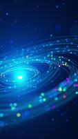 Looping animation of colorful glowing particles and neon light trails swirling around a bright center, creating a futuristic abstract cosmic background with dynamic energy flow. video