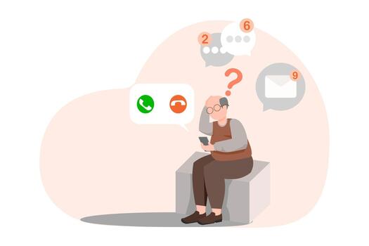 Flat illustration of elderly society concept. An old man is using a smartphone and is confused by the symbols displayed on the IT device, conveying the generation gap and the ever-advancing technology vector