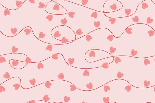 Soft seamless pattern of tiny glowing heart-shaped string lights on a pastel pink background. vector