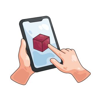 Illustration of Hands Interacting with 3D Object on Smartphone vector