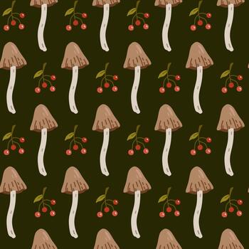 sin costura con temas de la naturaleza modelo con hongos y bayas en un oscuro antecedentes. dibujado a mano ilustración en un plano estilo. Perfecto para fondo de pantalla, envase papel, textiles. sencillo botánico impresión. vector