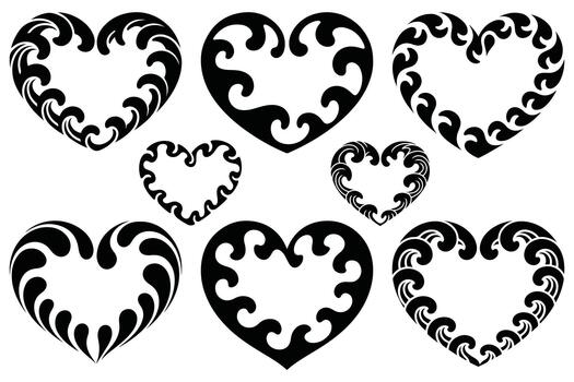 Black ornamental heart shapes with swirling wave patterns vector