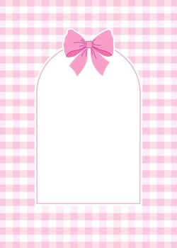 Background with pink gingham check pattern, decorated with a large pink bow and a white frame for text. Baby shower invitation template. vector